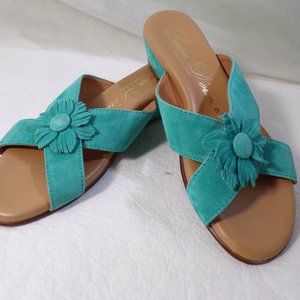 Teal Blue Suede Sandals with Flower by Luisa D'Orio, Women's size 9